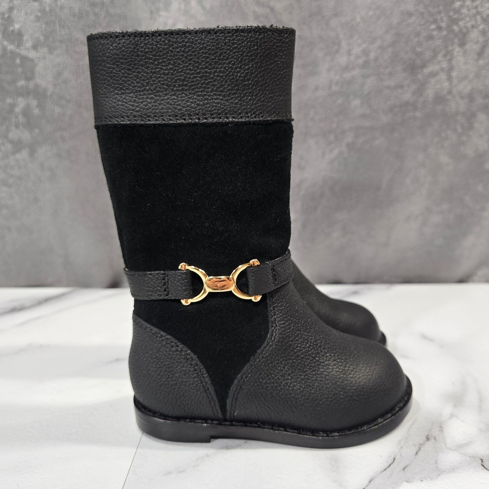 Janie and Jack Riding Boots Toddler Girls Size 4 Black Leather Suede Horsebit